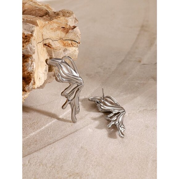 Kim Silver-Tone Asymmetrical Butterfly Earrings - Stainless Steel Earrings - Picture 7 of 10